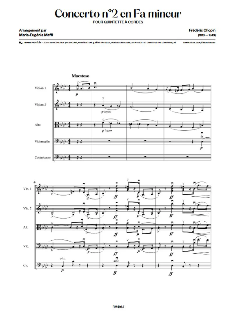 Chopin Frédéric - Transcription du Concerto pour piano N2 opus 21 en fa mineur pour quintette à cordes par Maria-Eugénia Maffi - Conducteur et parties séparées - Image 2