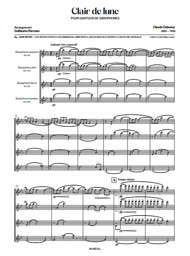 Debussy Claude - Clair de lune pour Quatuor de Saxophones - Conducteur et Parties Separees - Image 2