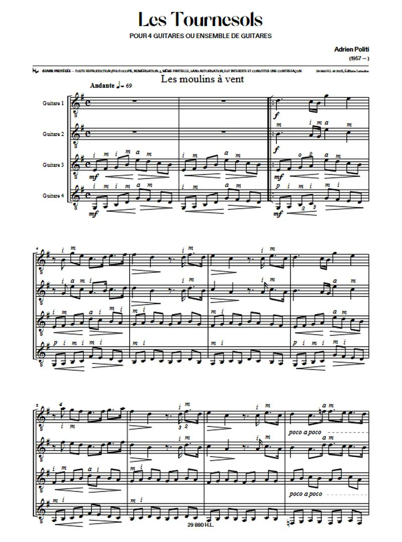 Politi Adrien - Les tournesols pour 4 guitares + conducteur et parties séparéees - Image 2