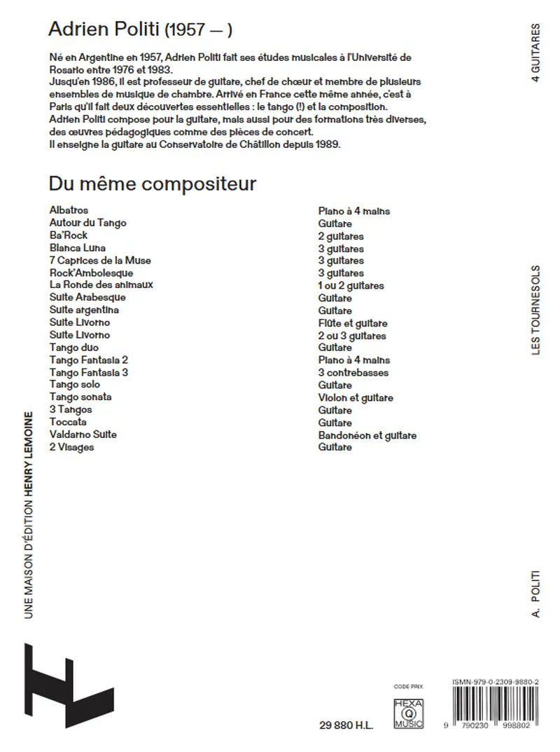 Politi Adrien - Les tournesols pour 4 guitares + conducteur et parties séparéees - Image 3