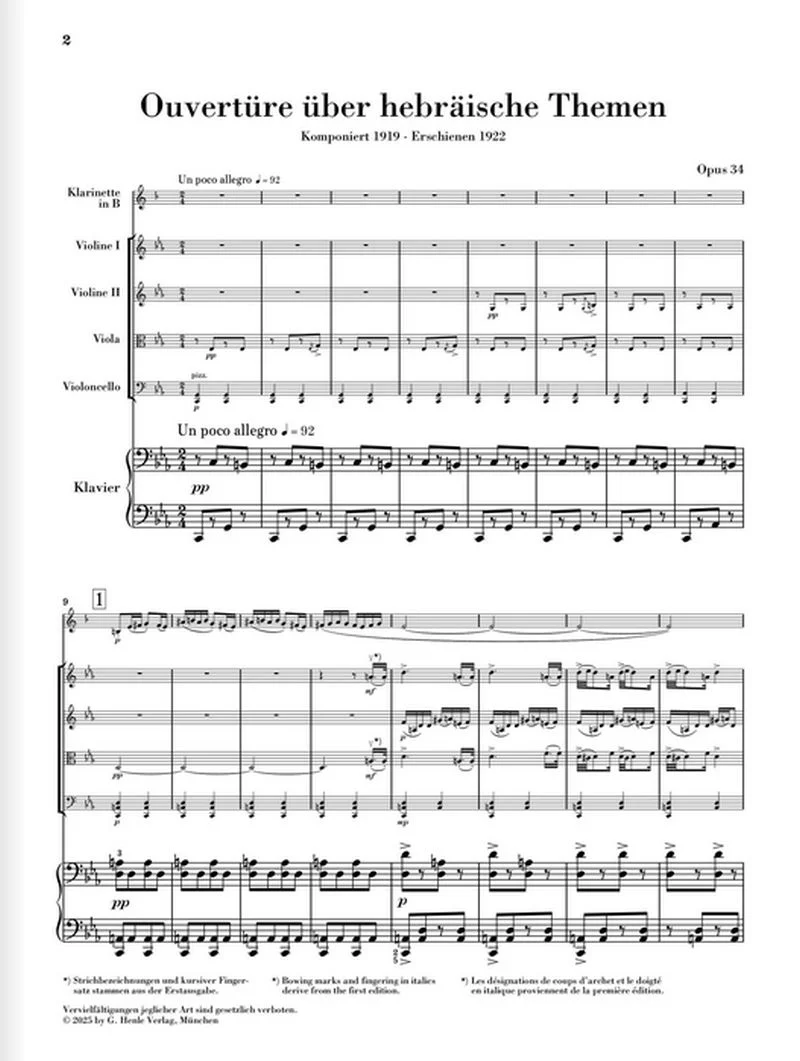 Prokofiev Sergeï - Ouverture sur des thèmes juifs Opus 34 pour clarinette, quatuor à cordes et piano - conducteur et parties séparées - Image 2